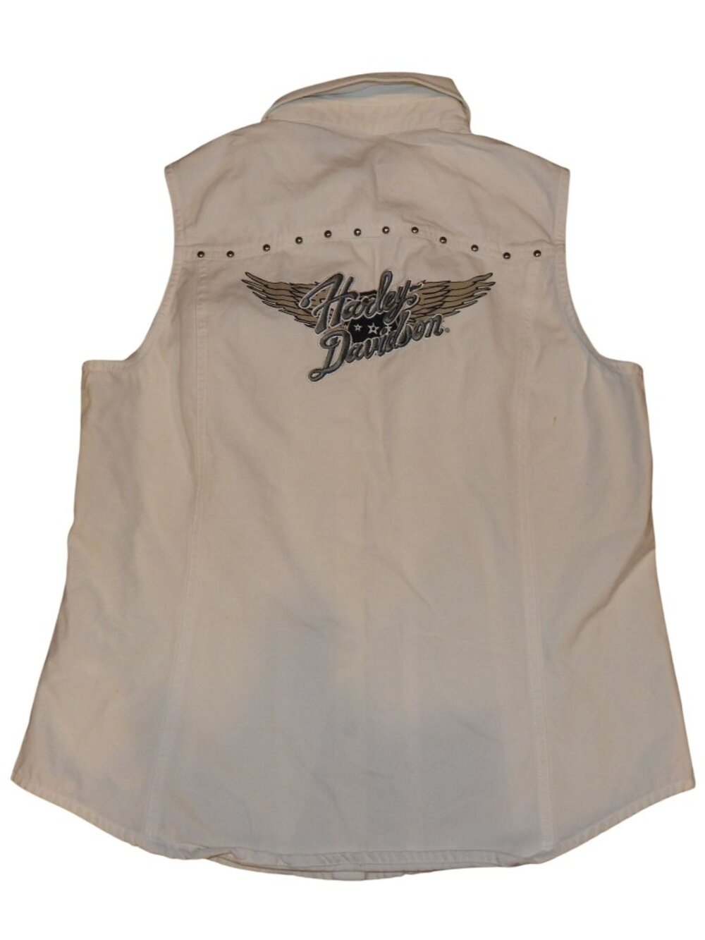 Harley Davidson Denim Vest White Motorcycle Biker Embroidered Women's Large